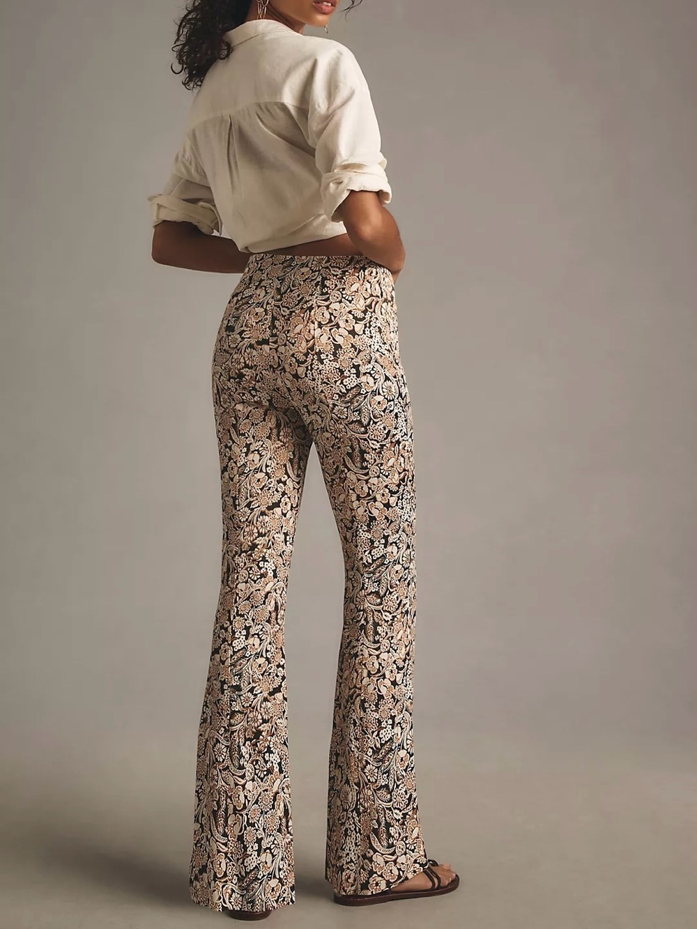 Anthropologie Floral Satin Flare Pants Retro Boho Size 2 Black Brown Cream - Picture 4 of 12